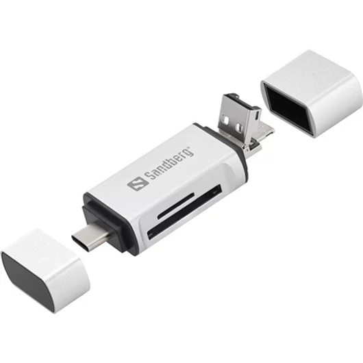 Sandberg USB2.0 / Micro-USB2.0 / USB-C SD, microSD kártyaolvasó fehér (aluminium)