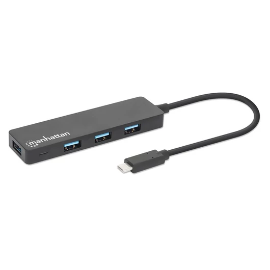 Manhattan USB HUB - 4db USB 3.0 Type-C Hub, USB-C Male to 4db USB-A Females, Fekete