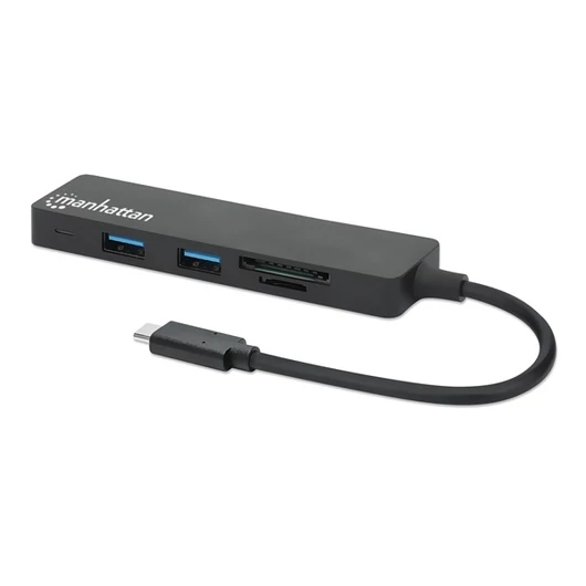 Manhattan USB HUB - 3db USB 3.0 Type-C + kártyaolvasó, SD / MicroSD, 5 Gbps, Fekete