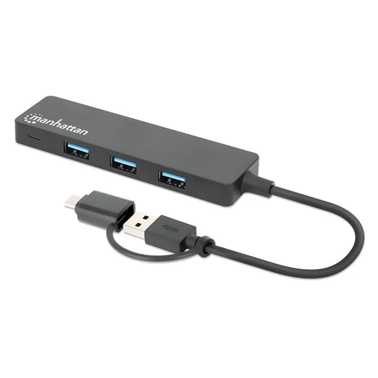 Manhattan USB HUB - 4db USB 3.0 Type-C / Type-A Combo Hub, USB-C Male és USB-A Male to 4 db USB-A Females, Fekete