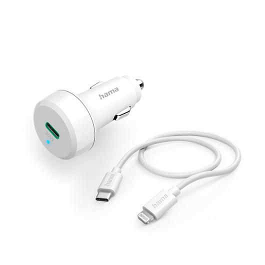 Hama Autós töltő - 201611 (Szivargyújtós, +USB-C to Lightning adatkábel, PD / QC, 20W, 1m, fehér)