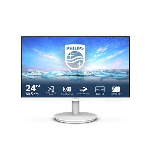 PHILIPS IPS monitor 23.8" 241V8AW, 1920x1080, 16:9, 250cd / m2, 4ms, VGA / HDMI, hangszóró, fehér