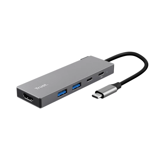 Trust Kábel Átalakító - Dalyx 5in1 Multiport USB-C (szürke, aluminium, USB-C apa / HDMI + Type-C + USB3.2 anya)