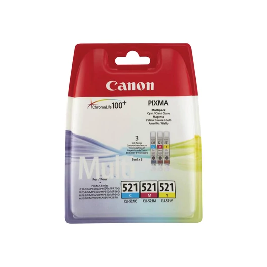 CANON CLI-521 C/M/Y ink cartridge cyan magenta and yellow standard capacity 3x9ml combopack blister without alarm
