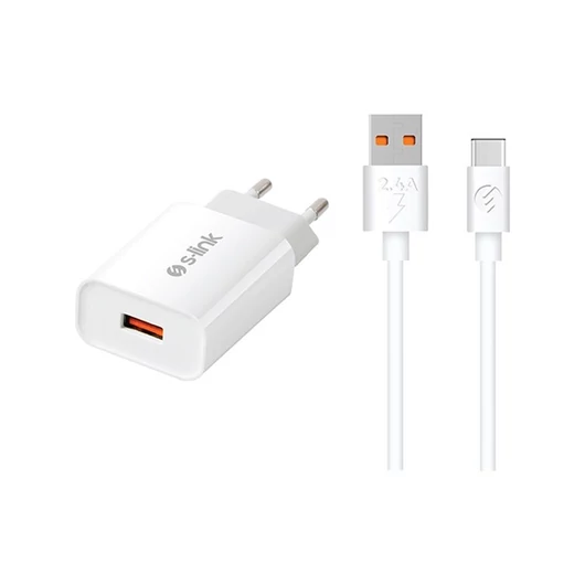 S-Link Telefon töltő - SL-EC13T (1db USB, 5V / 2.4A, 18W, Qiuck 3.0 Gyorstöltés, USB Type-C, 100cm adat + töltőkábel, fehér)