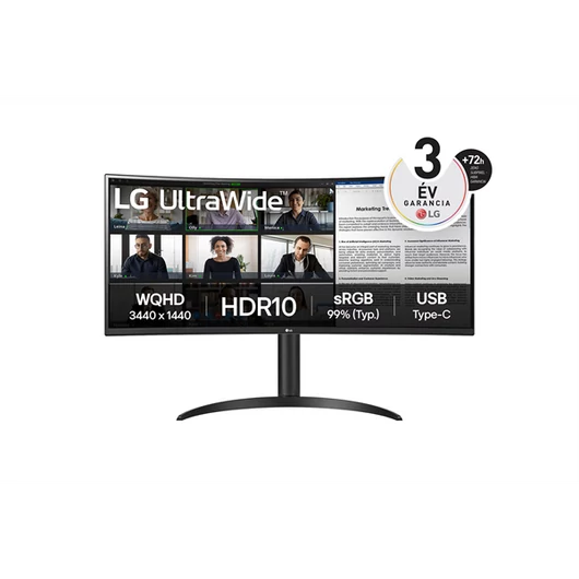 LG Monitor 34" - 34WR55QK-B (VA; Ívelt, 21:9; 3440x1440; 5ms; 300cd; 100Hz, HDMIx2, DP; USB; HDR10; sRGB99%; mag áll)