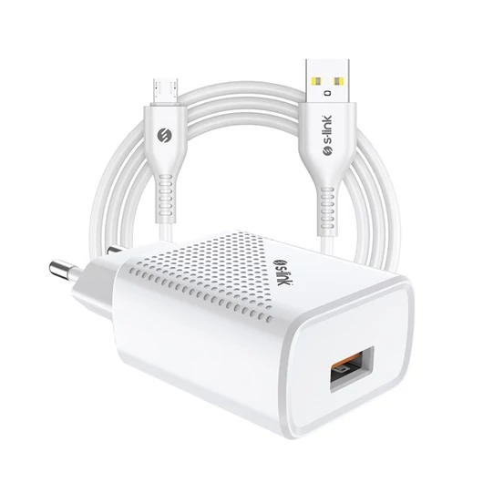 S-Link Telefon töltő - SL-EC40M (1db USB, 5V / 2.4A, 12W, Gyorstöltés, Micro-USB 100cm adat + töltőkábel, fehér)