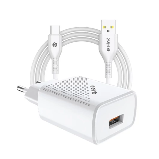 S-Link Telefon töltő  -  SL-EC40T  (1db USB, 5V / 2.4A, 12W, Gyorstöltés, USB Type-C, 100cm adat + töltőkábel, fehér)