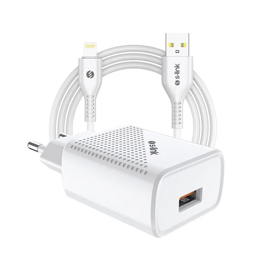 S-Link Telefon töltő - SL-EC40L (1db USB, 5V / 2.4A, 12W, Gyorstöltés, Lightning-USB 100cm adat + töltőkábel, fehér)