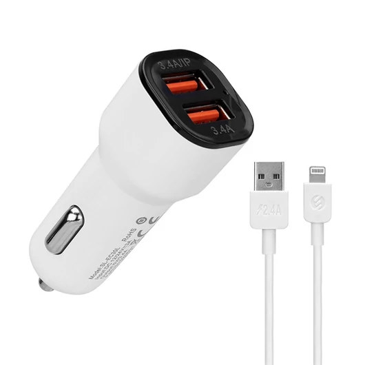 S-Link Autós töltő  -  SL-EC30L  (2db USB, 5V / 2.4A / 3,4A, 17W, Lightning, 100cm adat + töltőkábel, fehér)