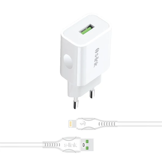 S-Link Telefon töltő  -  AND-EC14B  (1db USB, 5V / 1.3A, 5W, Lightning-USB 100cm adat + töltőkábel, fehér)