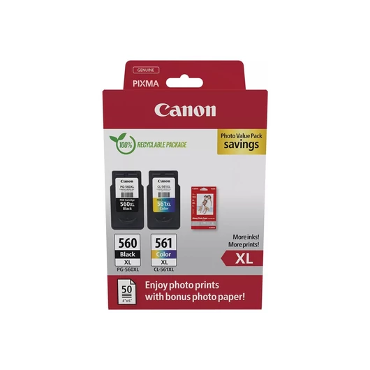 Canon PG-560XL (1x14,3 ml) + CL-561XL (1x12,2 ml) + 50 lap GP501 10x15 fényes fotópapír Multipack Canon