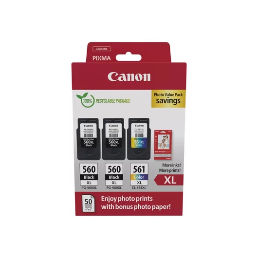 Canon PG-560XLx2 (2x14,3 ml) + CL-561XL (1x12,2 ml) + 50 lap GP501 10x15 fényes fotópapír Multipack Canon
