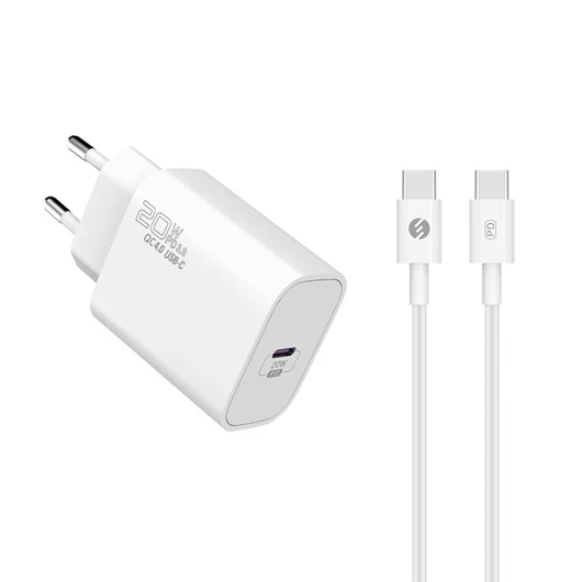 S-Link Hálózati töltő - SL-EC62TP (20W, QC4.0 Gyorstöltés,Type-C to Type-C, 100cm adat + töltőkábel, fehér)