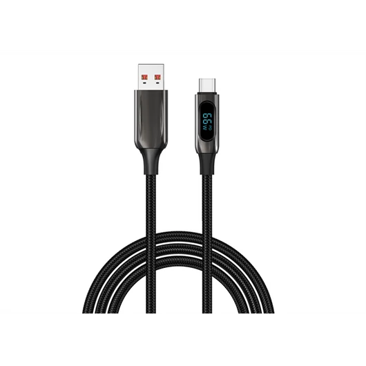 S-Link kábel - UC-066 (LED kijelző, 66W, Gyorstöltés, Type-C, 100cm adat + töltőkábel, fekete, fonott)