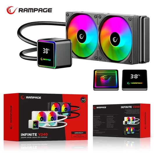 Rampage CPU Water Cooler - INFINITE V240 (Mágneses kijelző, 36,9dB max., 98,54 m3 / h; 2x12cm, A-RGB LED, fekete)