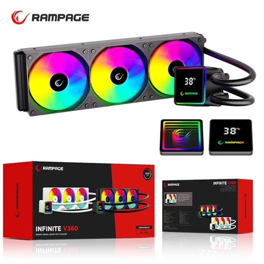 Rampage CPU Water Cooler - INFINITE V360 (Mágneses kijelző, 36,9dB max., 98,54 m3 / h; 3x12cm, A-RGB LED, fekete)