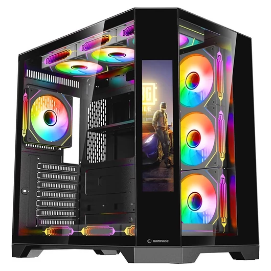 Rampage Számítógépház - NOVA (fekete; üveg; ATX; 9,17" TFT kijelző, 7x120mm RGB, 1xUSB3.0 + 1xUSB2.0)