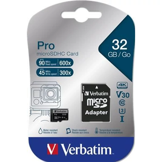 32GB microSDHC Verbatim UHS-I Pro memóriakártya + adapter (47041)