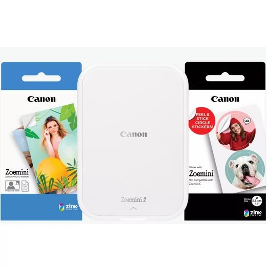 Canon ZOEMINI 2 Fotónyomtató Gyöngyházfehér + 5x7,6cm ZINK fotópapír 20 lap + 3.3 cm ZINK 10 lap körmatrica papír