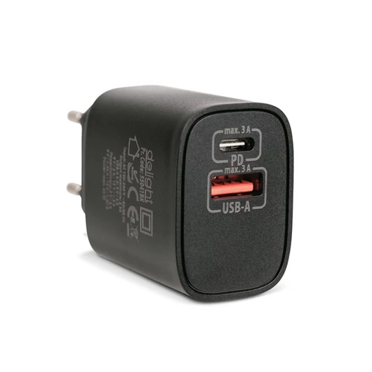 Delight Telefon töltő  - 1db Type-C + 1db USB PD20W gyorstöltéssel, Fekete