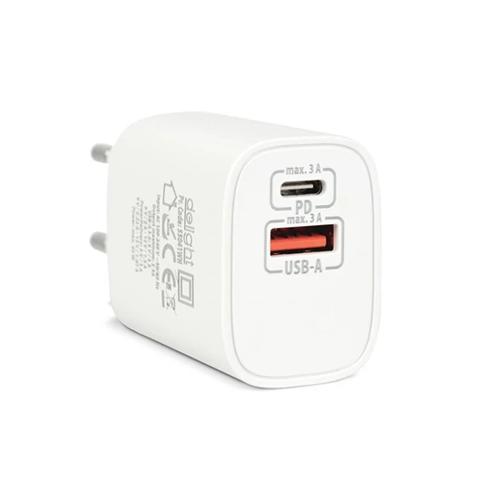 Delight Telefon töltő  - 1db Type-C + 1db USB PD20W gyorstöltéssel, Fehér