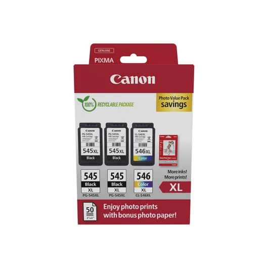 Canon PG-545XLx2 (2x15 ml) + CL-546XL (1x13 ml) + 50 lap GP501 10x15 fényes fotópapír Multipack Canon