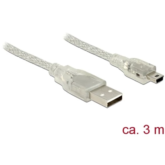 Delock USB 2.0-s kábel A-típusú csatlakozódugóval > USB 2.0 Mini-B csatlakozódugóval, 3 m, áttetsző