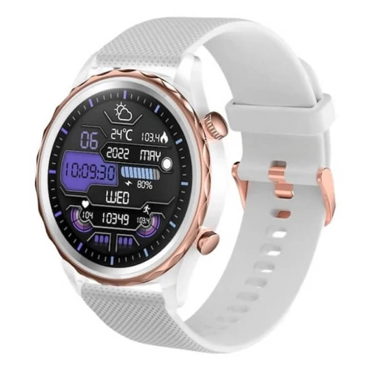 A modern, kültéri fitnesz okosóra Carneo Queen HR+ elegáns fehér színben, arany-rózsaszín rozsdamentes acél lünettával, kerek SUPER AMOLED színes kijelzővel rendelkezik, amelyet kemény ásványi kristály véd. Méri a pulzusszámot, a stresszt, a BMI-t, a megt