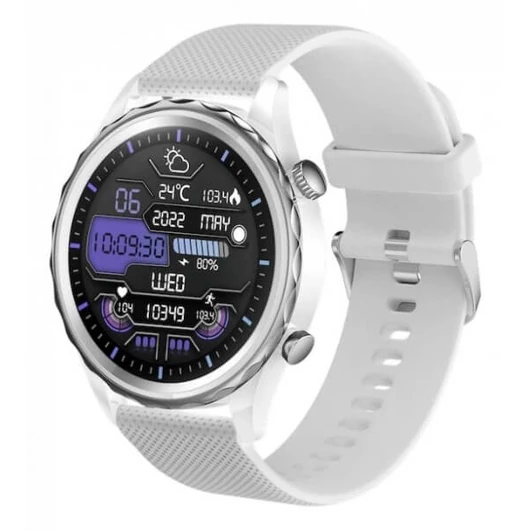 A modern, kültéri Carneo Queen HR+ fitnesz okosóra elegáns fehér színben, ezüstszínű rozsdamentes acél lünettával, kerek SUPER AMOLED színes kijelzővel rendelkezik, amelyet kemény ásványi kristály véd. Méri a pulzusszámot, a stresszt, a BMI-t, a megtett t