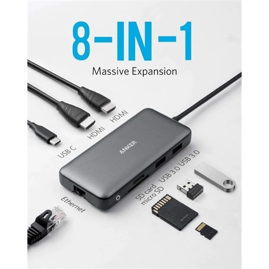 ANKER USB HUB, PowerExpend 8-in-1, USB-C Media Hub, 2xHDMI, 2xUSB3.0, Ethernet, SD / microSD kártyaolvasóval - A83800A