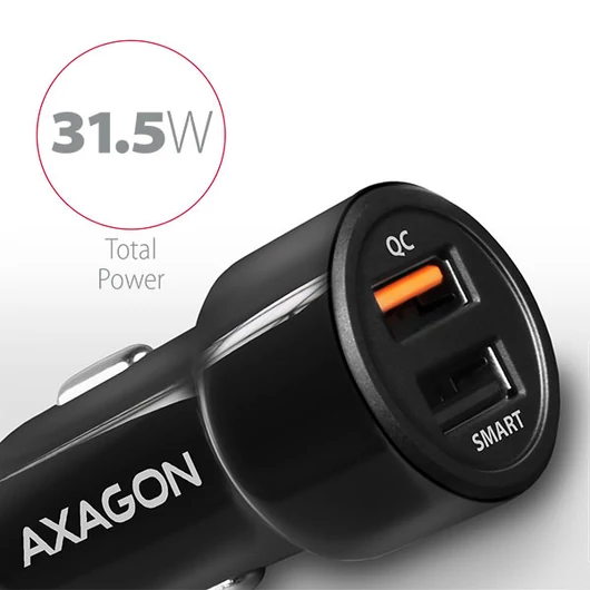 Autós töltő Axagon PWC-QC5 USB Type A 2 port QuickCharge + SmartCharge 31,5W Fekete