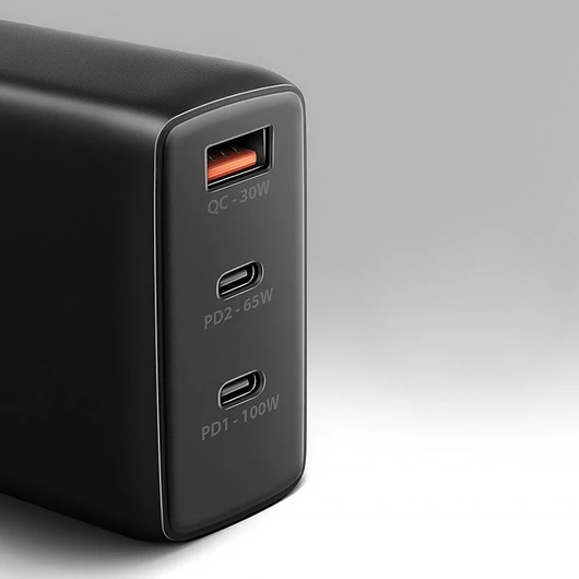 Hálózati töltő Axagon ACU-DPQ100 GaN, 3x port (USB + dual USB-C), PD3.0/QC4+/PPS/App, fekete