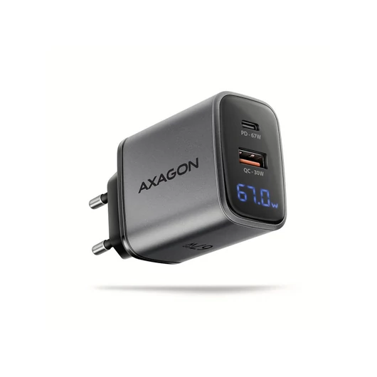 AXAGON ACU-PQ67D GaN hálózati töltő, 2xport (USB + USB-C), PD3.0/QC4+/PPS/Apple, 67W, LED kijelző