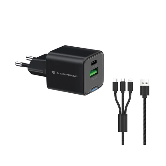 Conceptronic telefon töltő adapter + kábel - ALTHEA16B (USB-C + USB-A, 33W, 3in1 töltő kábel, fekete)