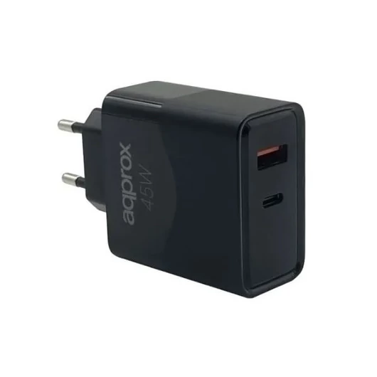 APPROX Telefontöltő - USB Type-C, USB-A port, 45W gyorstöltő + 1m USB Type-C kábel, Fekete