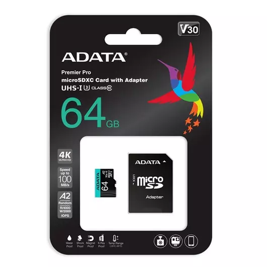 ADATA MicroSD kártya - 64GB microSDXC UHS-I U3 Class10 A2 V30S (R / W: 100 / 80 MB / s) + adapter