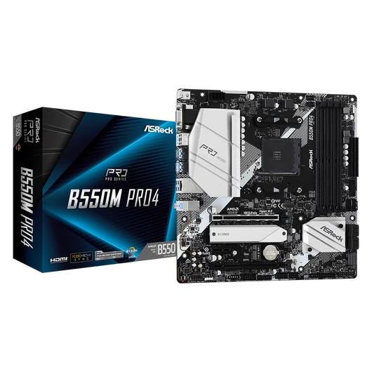 ASROCK B550M Pro4 mATX MB 3rd Gen AMD AM4 Socket DDR4 4733+ 1 x3.0 x16 x4.0 PCIe HDMI D-Sub DisplayPort 7.1 CH HD 6 SATA3 2 USB 3.2