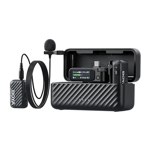 BOYA Mikrofon - BOYAMIC 2-01 (Vezeték nélküli, zajszűrés, fekete, USB-C, 3,5mm, 2 db csíptetős mikrofon)