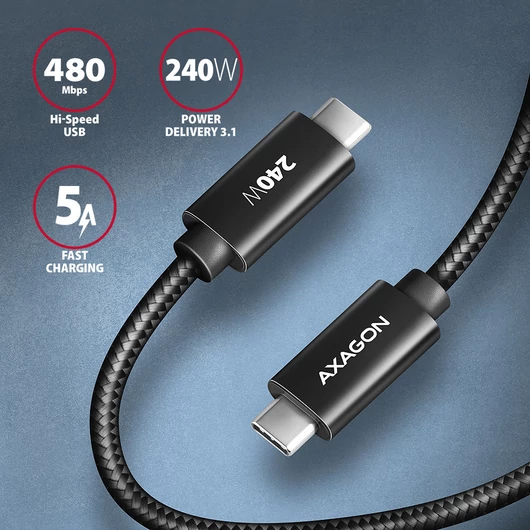 Kábel Axagon USB  Type-C - Type-C töltőkábel, PD 240W 5A, 1,5m, Fekete