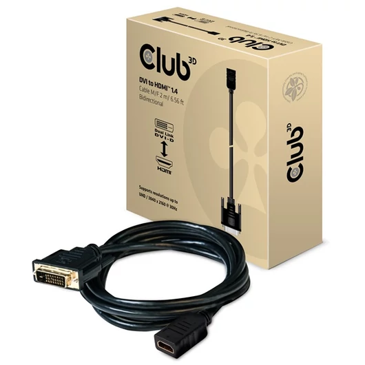 Club 3D Kábel - CAC-1211 (DVI-D to HDMI 1.4, 2m, M / F, kétirányú, UHD 4K30Hz, Arany érintkezők)