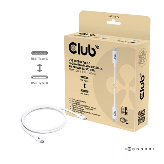 Club 3D Kábel - CAC-1572 (USB4 Type-C, 240W PD, 80Gbps, 8K240Hz, 4K540Hz, Bidirectional, 1,2m, fekete)