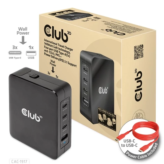 Club 3D Hálózati Töltő - CAC-1917 (140W GaN, 3x USB-C, 1x USB-A, PD3.1, 4 csatlakozó)