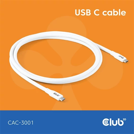 Club 3D Kábel - CAC-3001 (USB-C, PD 240W, 20Gbps, 4K60Hz, 2m, fehér)