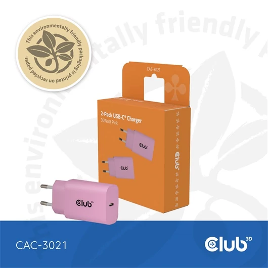 Club 3D Hálózati Adapter - CAC-3021 (2db / csomag, 30W USB-C, PD3.0, túltöltés védelem, kicsi méret, pink)