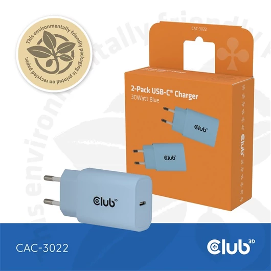 Club 3D Hálózati Adapter - CAC-3022 (2db / csomag, 30W USB-C, PD3.0, túltöltés védelem, kicsi méret, kék)