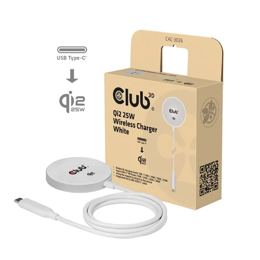 Club 3D Vezeték nélküli töltő - CAC-3026 (Qi2 25W Wireless, 1m, fehér)