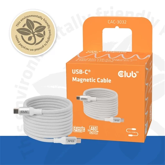Club 3D Kábel - CAC-3032 (USB-C, Mágneses, PD3.1, 240W, 20Gbps, fehér, M / M, 2m)