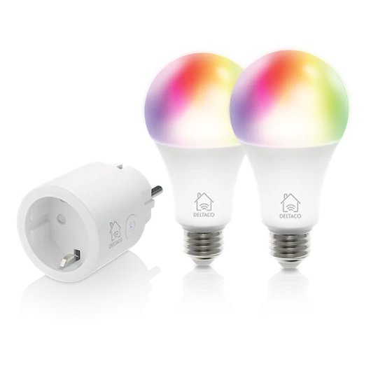 DELTACO SMART HOME SH-KIT01 kezdő okos csomag 2 db LE27RGB színes izzó + SH-P01 okos dugalj 10A, időkapcsoló