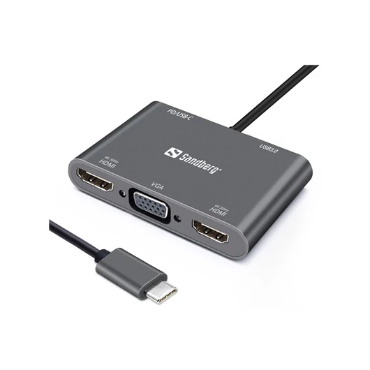 SANDBERG USB-C dokkoló, USB-C Dock 2xHDMI + 1xVGA + USB + PD